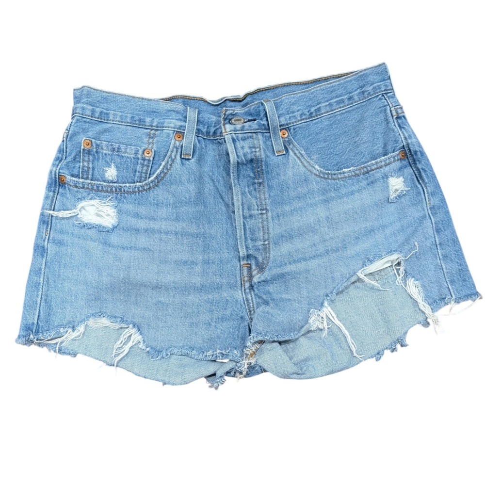 Levis 501 Original High Rise Distressed Denim Shorts 30 Light Wash Blue Festival